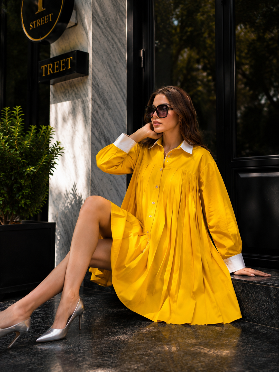 Golden Hour Pleated Shirt Dress