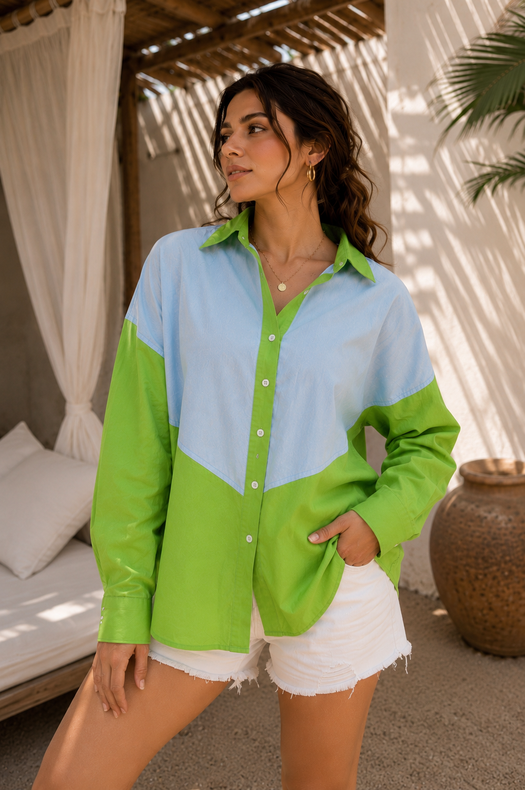 Coastal Contrast Oversized Cotton Shirt