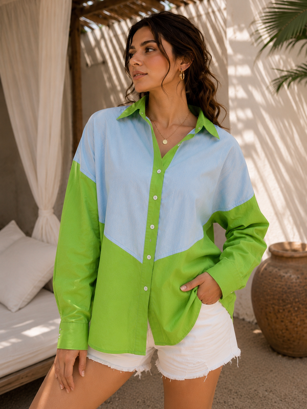 Coastal Contrast Oversized Cotton Shirt