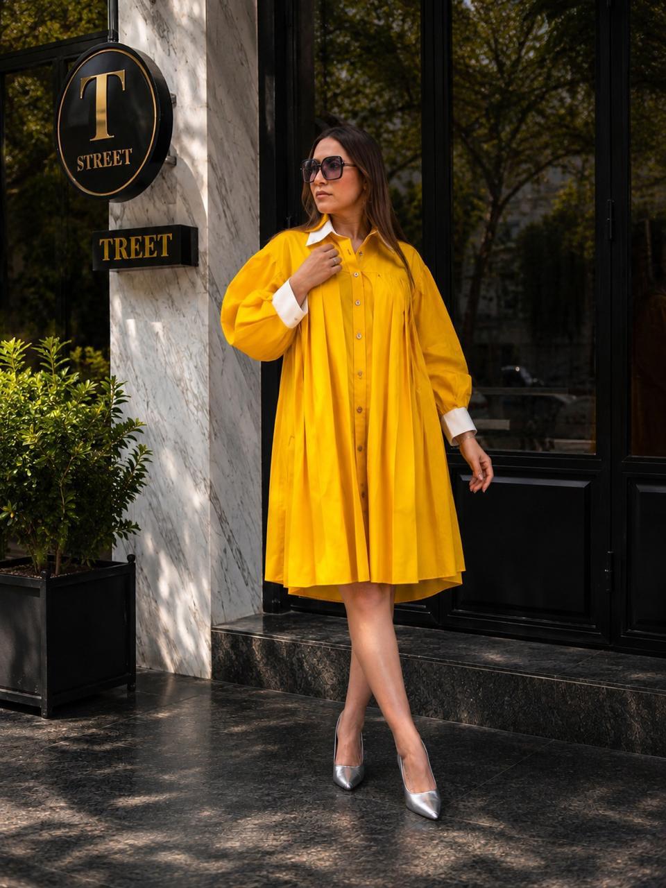Golden Hour Pleated Shirt Dress