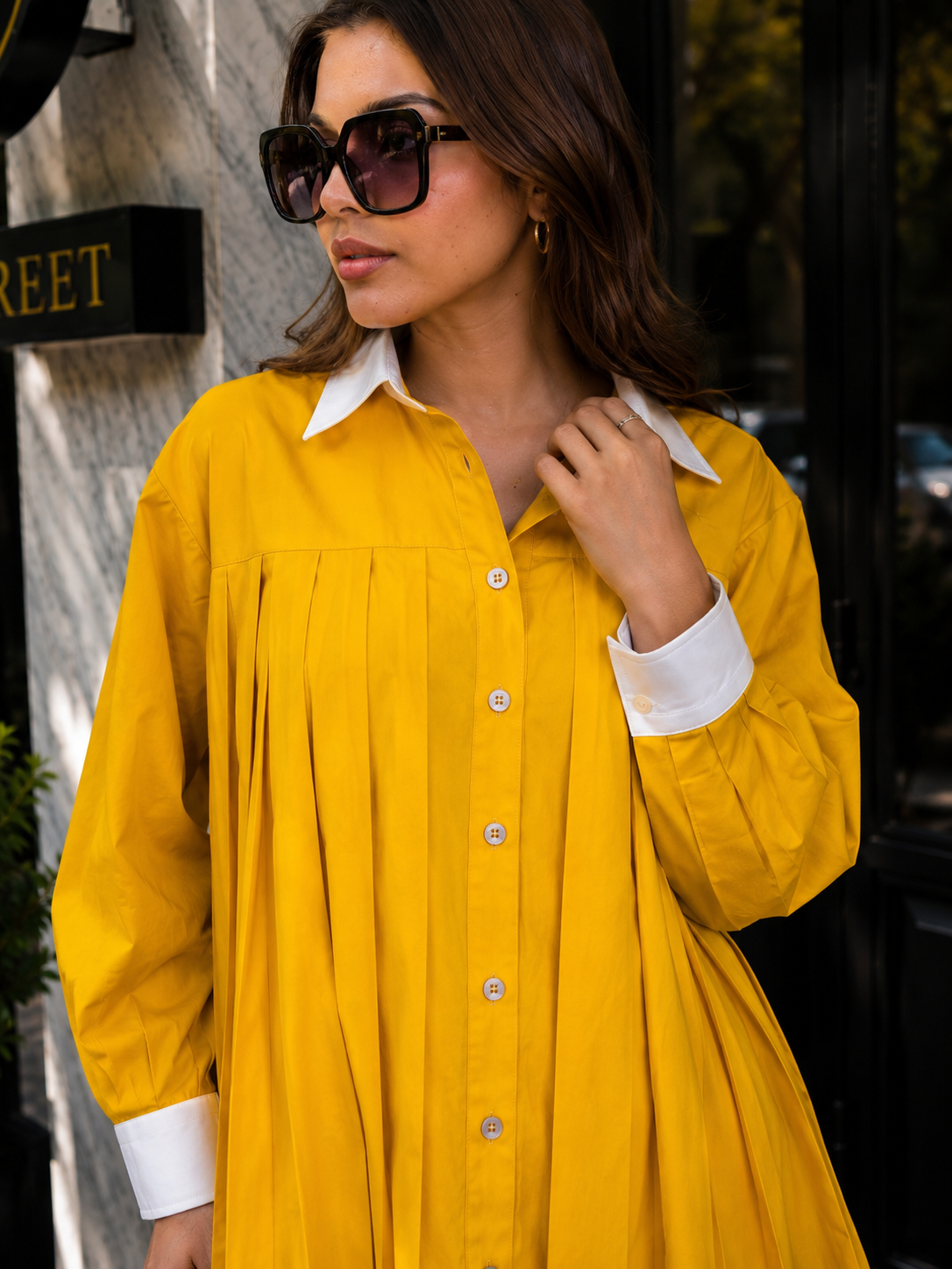 Golden Hour Pleated Shirt Dress