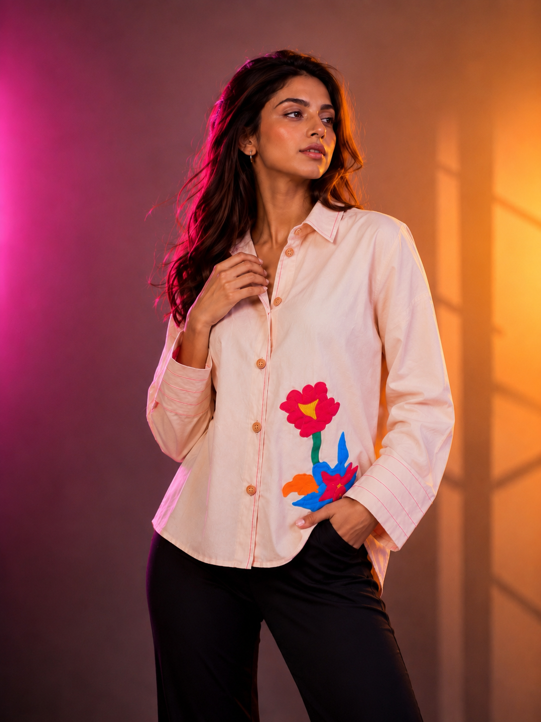 Blush Bloom Hand Embroidered Shirt