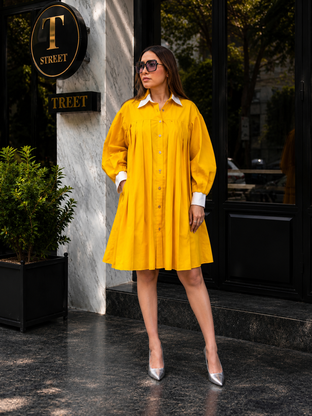 Golden Hour Pleated Shirt Dress