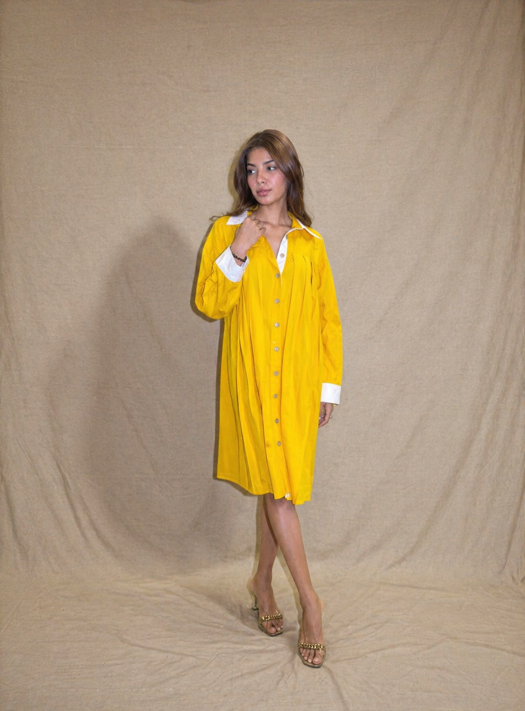 Golden Hour Pleated Shirt Dress