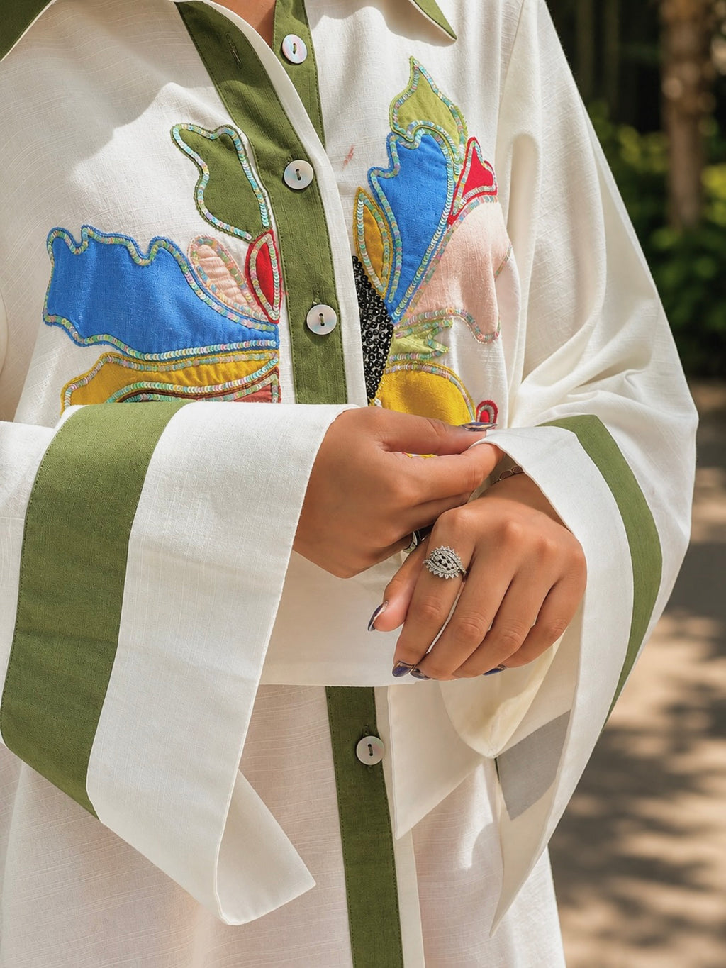 Ivory Olive Hand Embroidered Kaftan Shirt