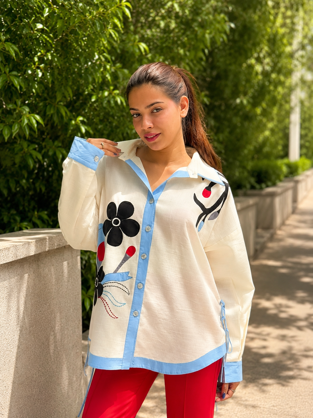 Sky Floral Hand Embroidered Shirt