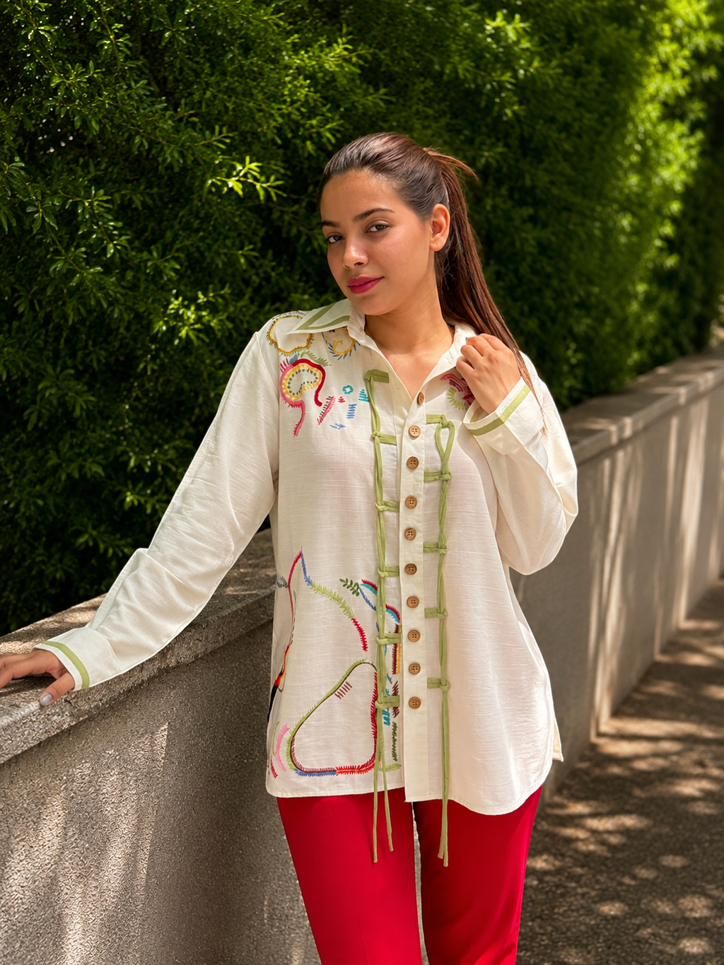Olive Dori Hand Embroidered Shirt