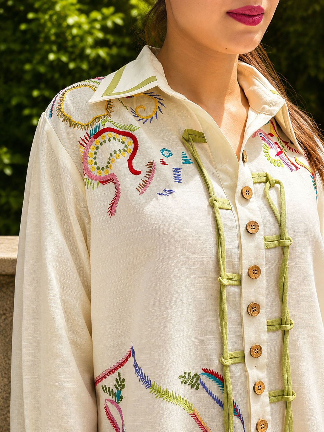 Olive Dori Hand Embroidered Shirt