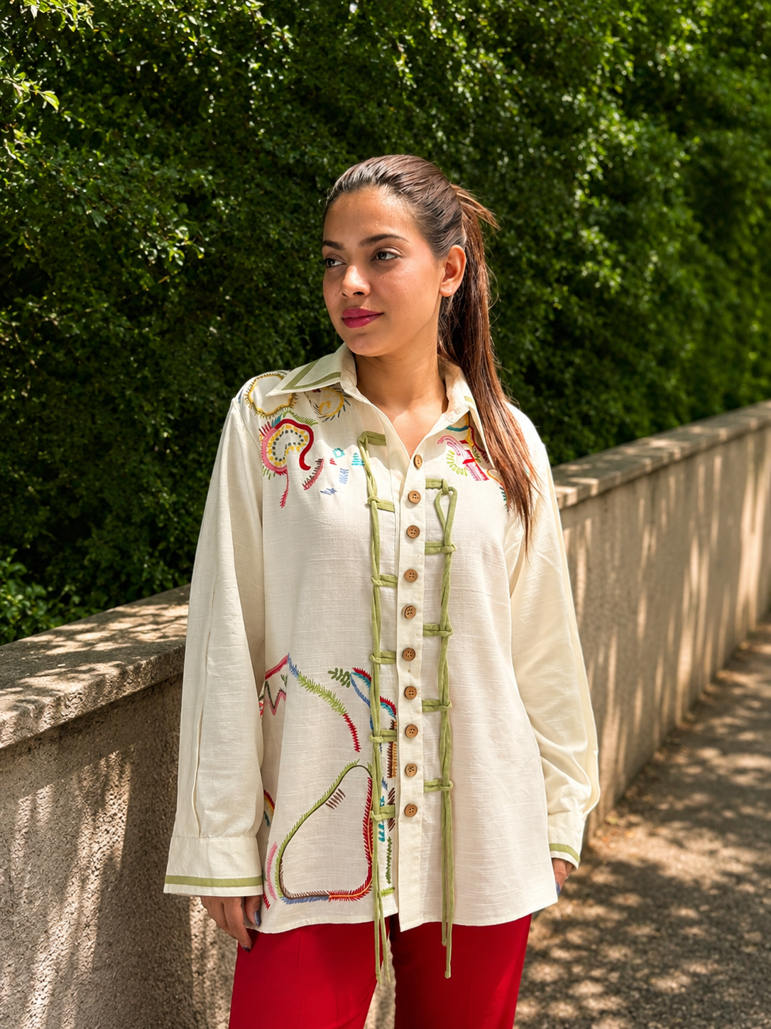 Olive Dori Hand Embroidered Shirt