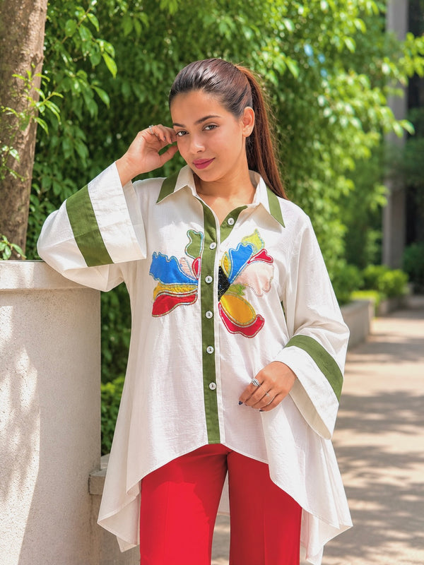 Ivory Olive Hand Embroidered Kaftan Shirt
