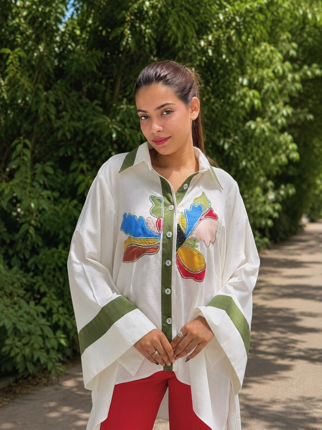 Ivory Olive Hand Embroidered Kaftan Shirt