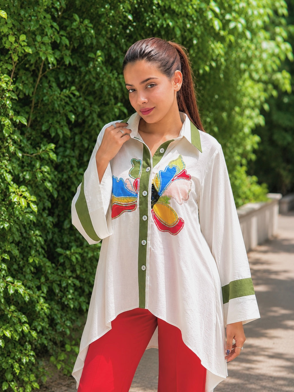 Ivory Olive Hand Embroidered Kaftan Shirt