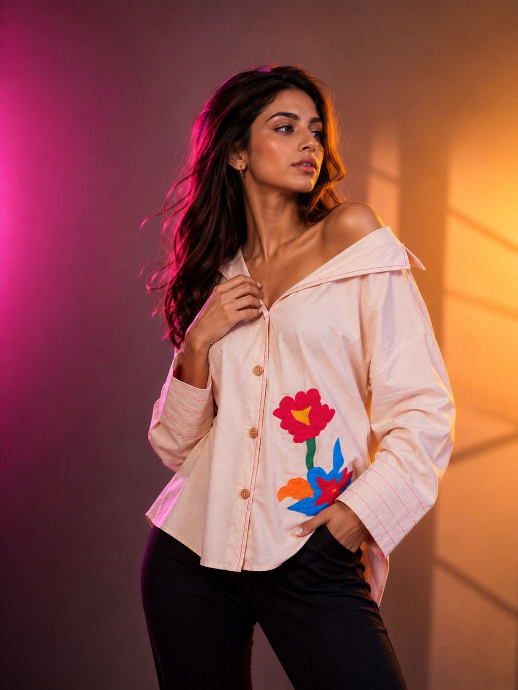 Blush Bloom Hand Embroidered Shirt